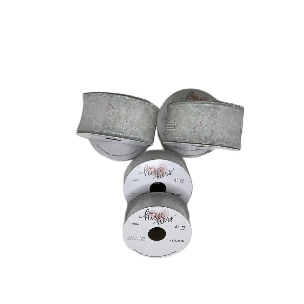 Studio His & Hers Wired Ribbon White Floral with Glitter Multiple Rolls